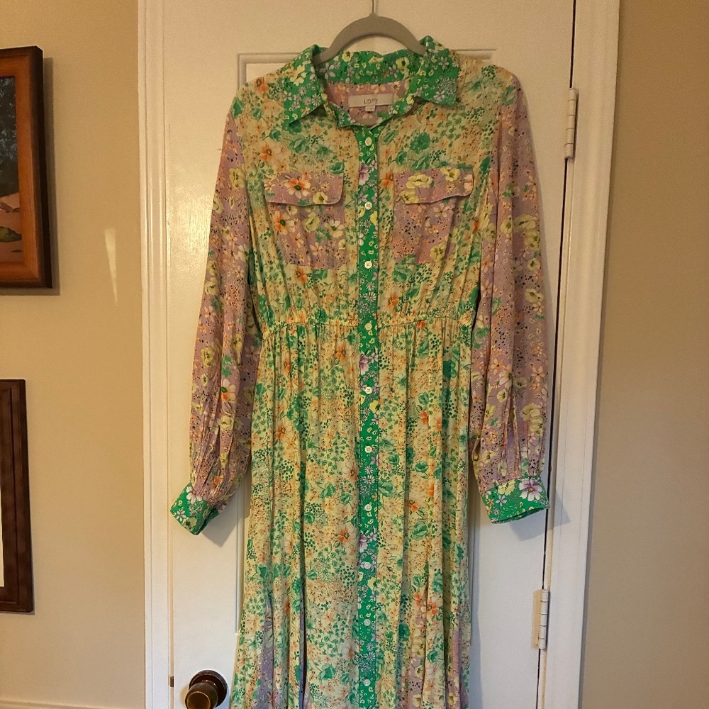 NWT Loft floral godet pocket shirt dress size S